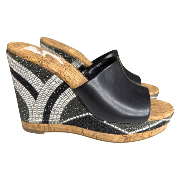 INC Black Leather Cork Wedge Sandals W/Rhinestone Embellished Heel 6.5 - Picture 3 of 10